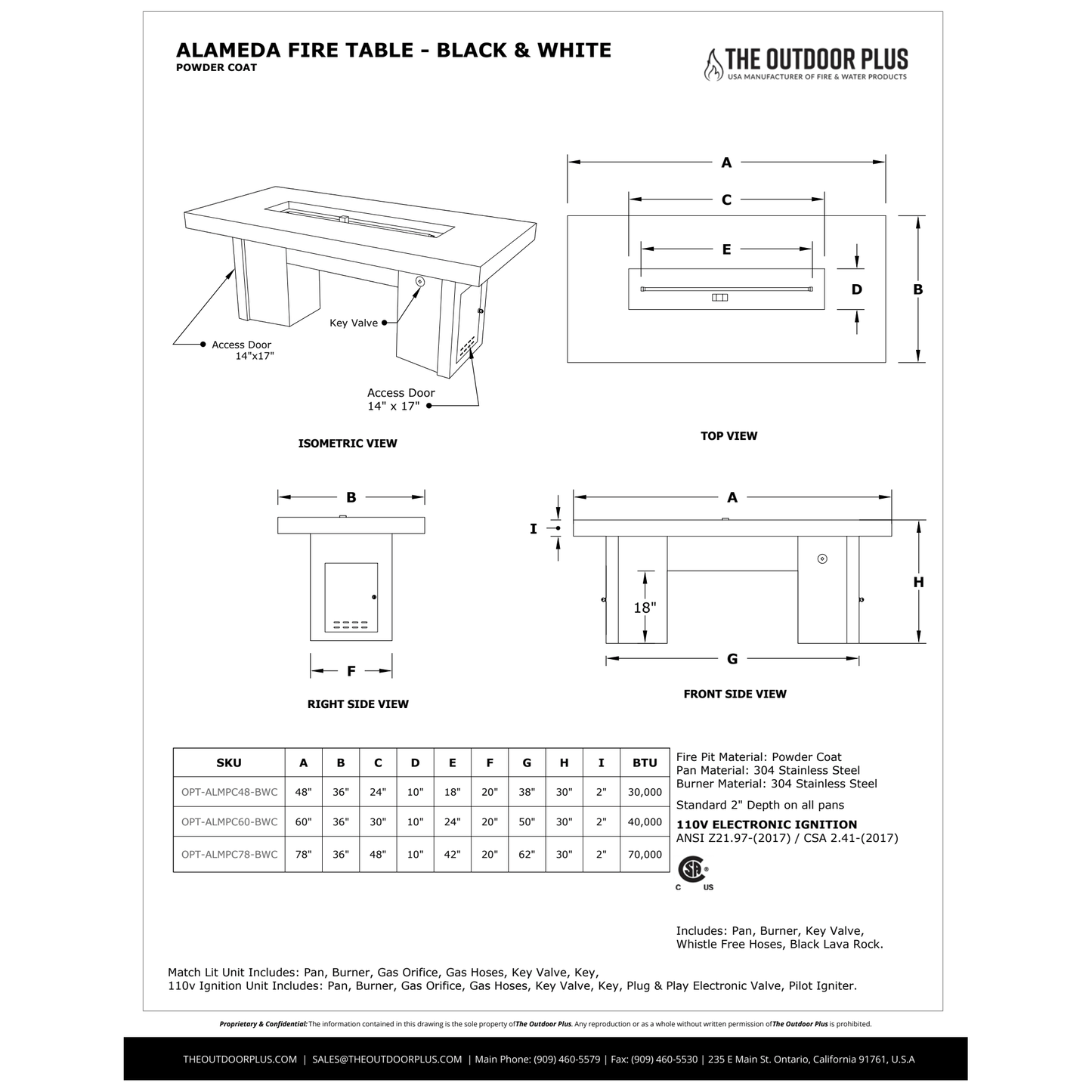ALAMEDA FIRE TABLE - BLACK AND WHITE COLLECTION - spec sheet