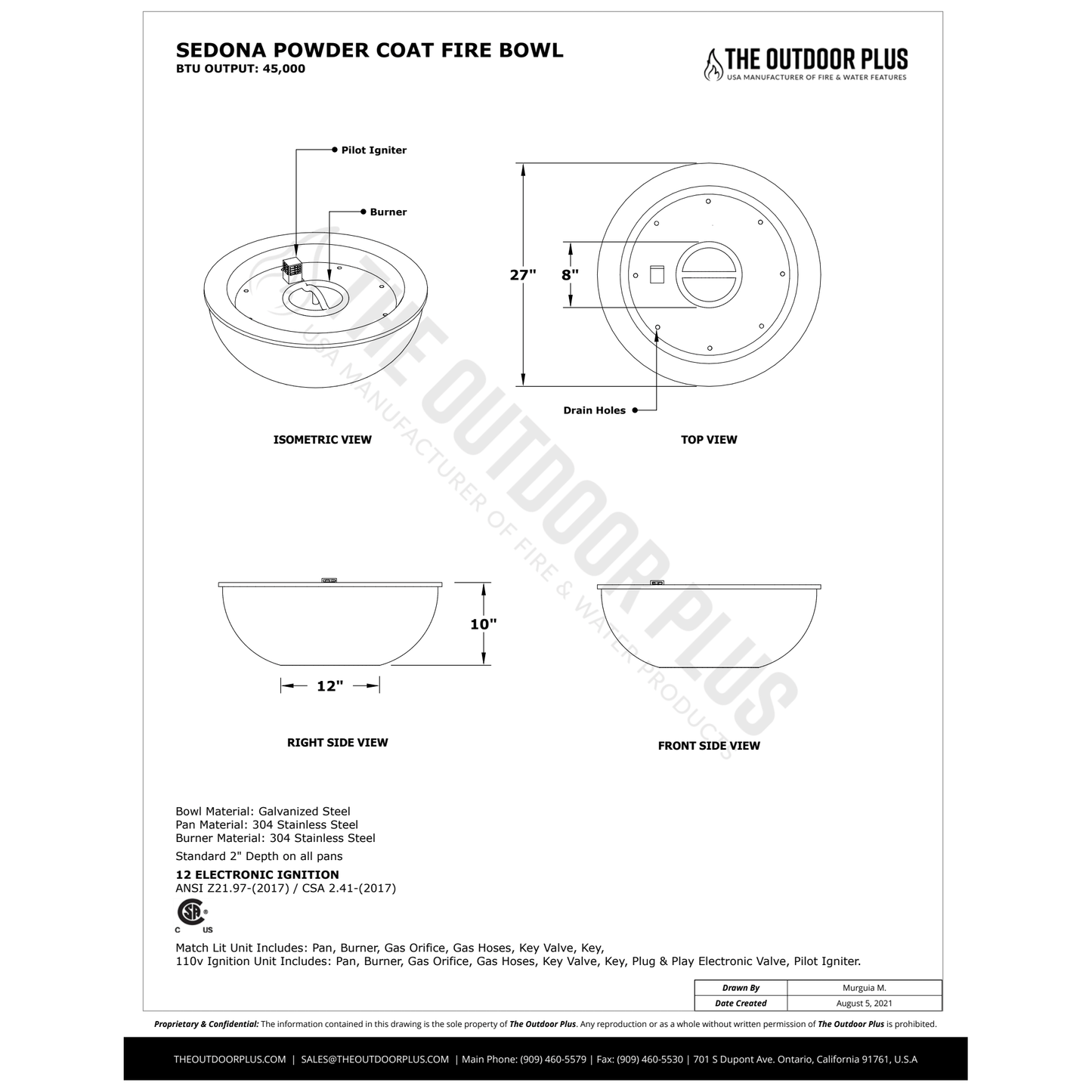 SEDONA FIRE BOWL - POWDER COATED METAL - spec sheet