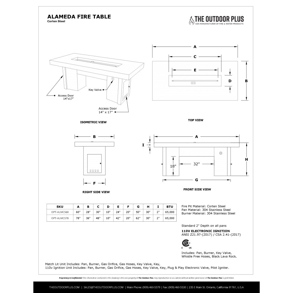 ALAMEDA FIRE TABLE - POWDER COATED METAL - spec sheet