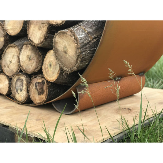 The Orbit- Round Steel Log Rack - side view