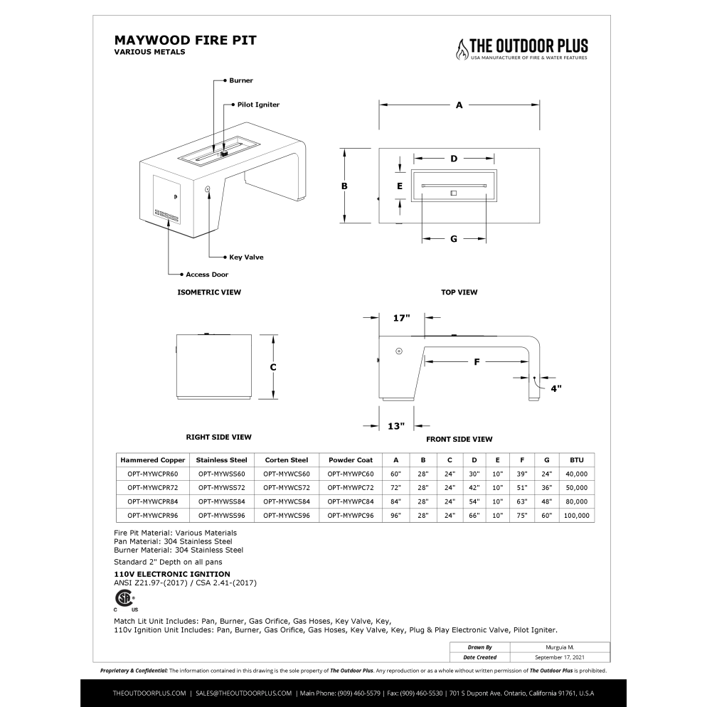 MAYWOOD FIRE TABLE - POWDER COATED METAL - spec sheet