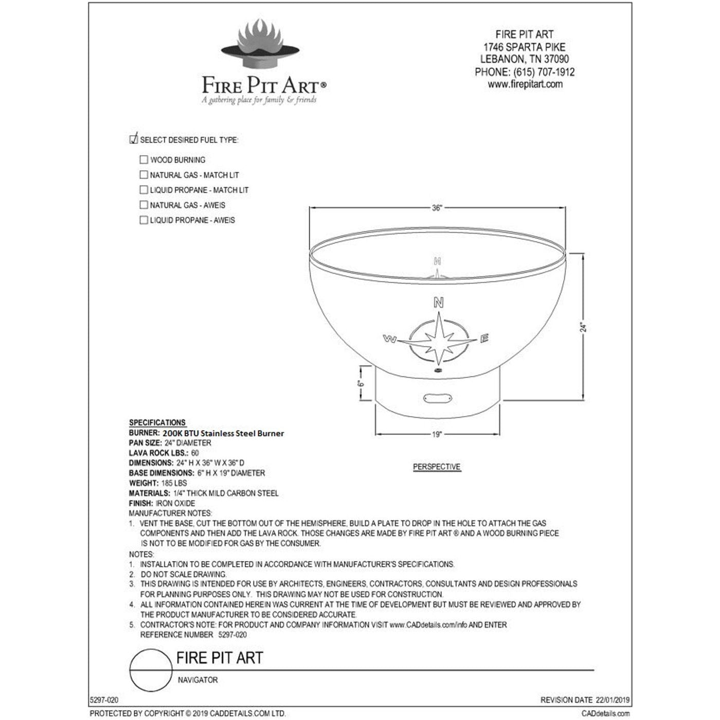 Navigator Fire Pit - spec sheet