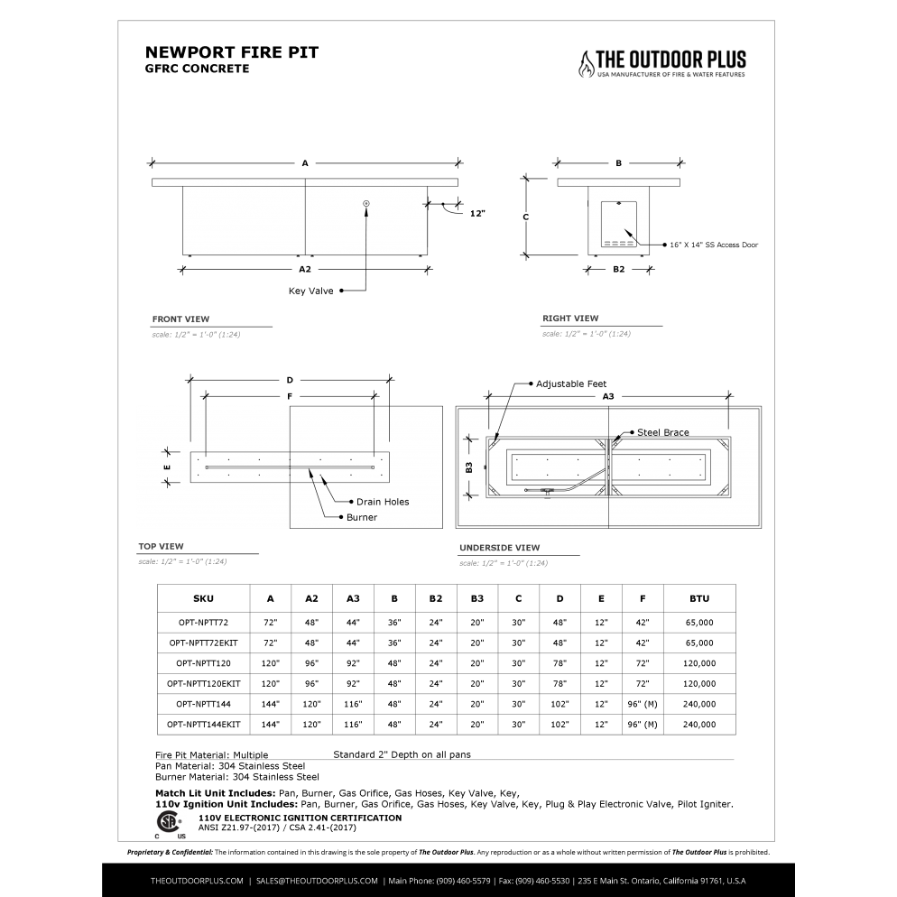 NEWPORT FIRE TABLE - GFRC CONCRETE - spec sheet