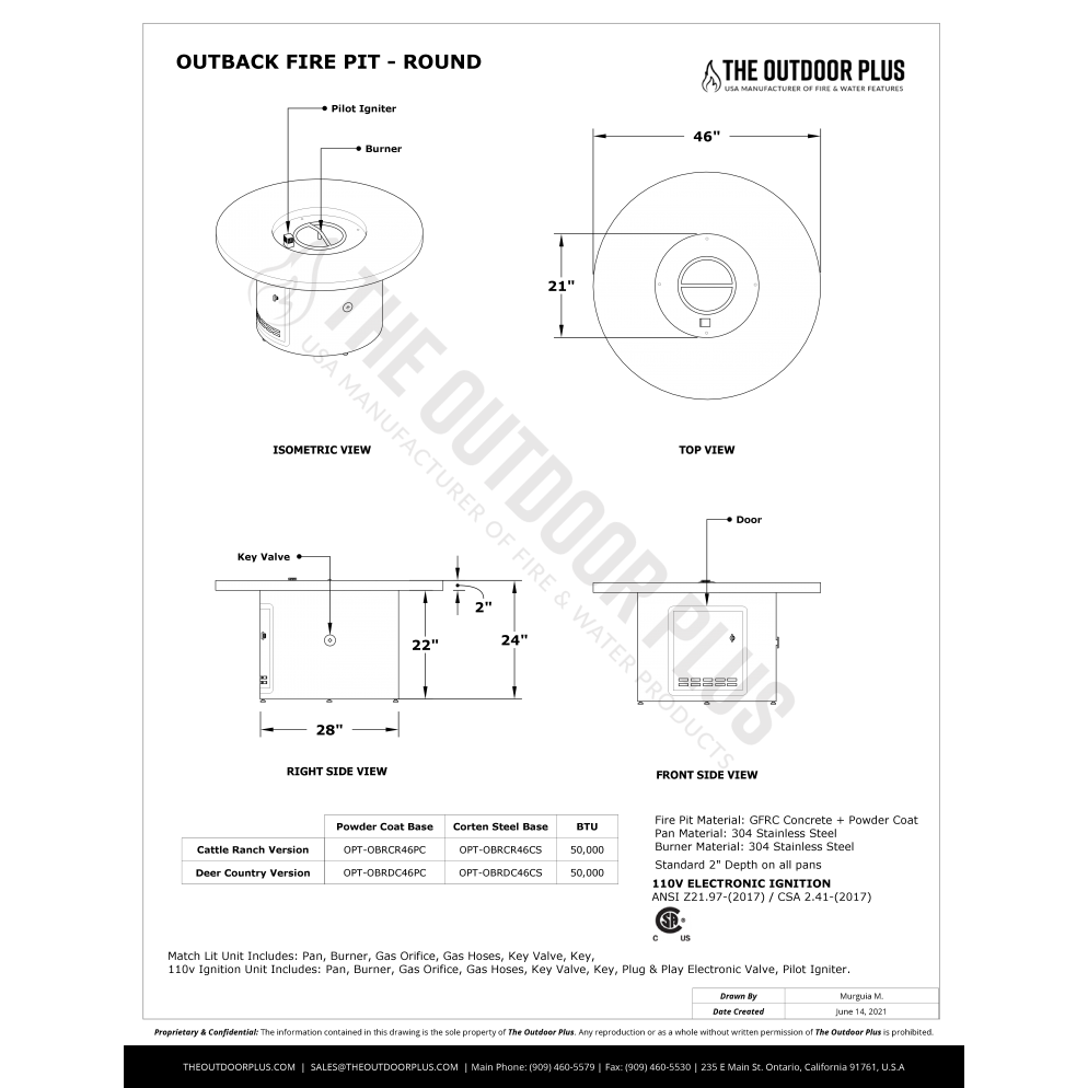 OUTBACK FIRE TABLE - ROUND - POWDER COATED - spec sheet