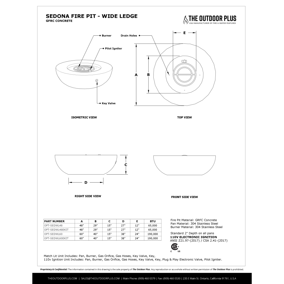 SEDONA FIRE PIT - WIDE LEDGE - GFRC CONCRETE - spec sheet