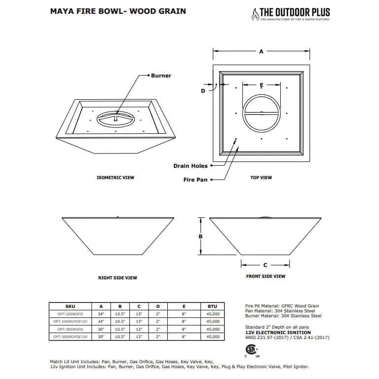 MAYA FIRE BOWL - WOODGRAIN - spec sheet