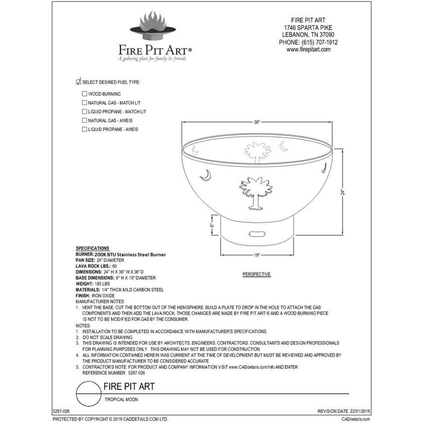 Tropical Moon Fire Pit - spec sheet