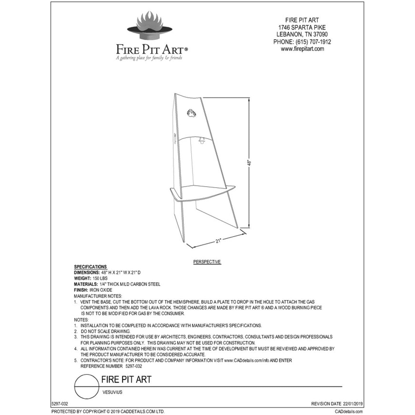 Vesuvius Fire Pit - spec sheet