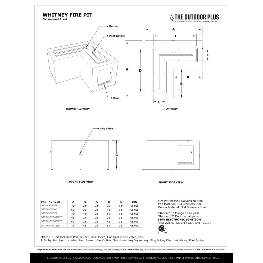 WHITNEY FIRE TABLE - L SHAPED - POWDER COATED METAL - spec sheet