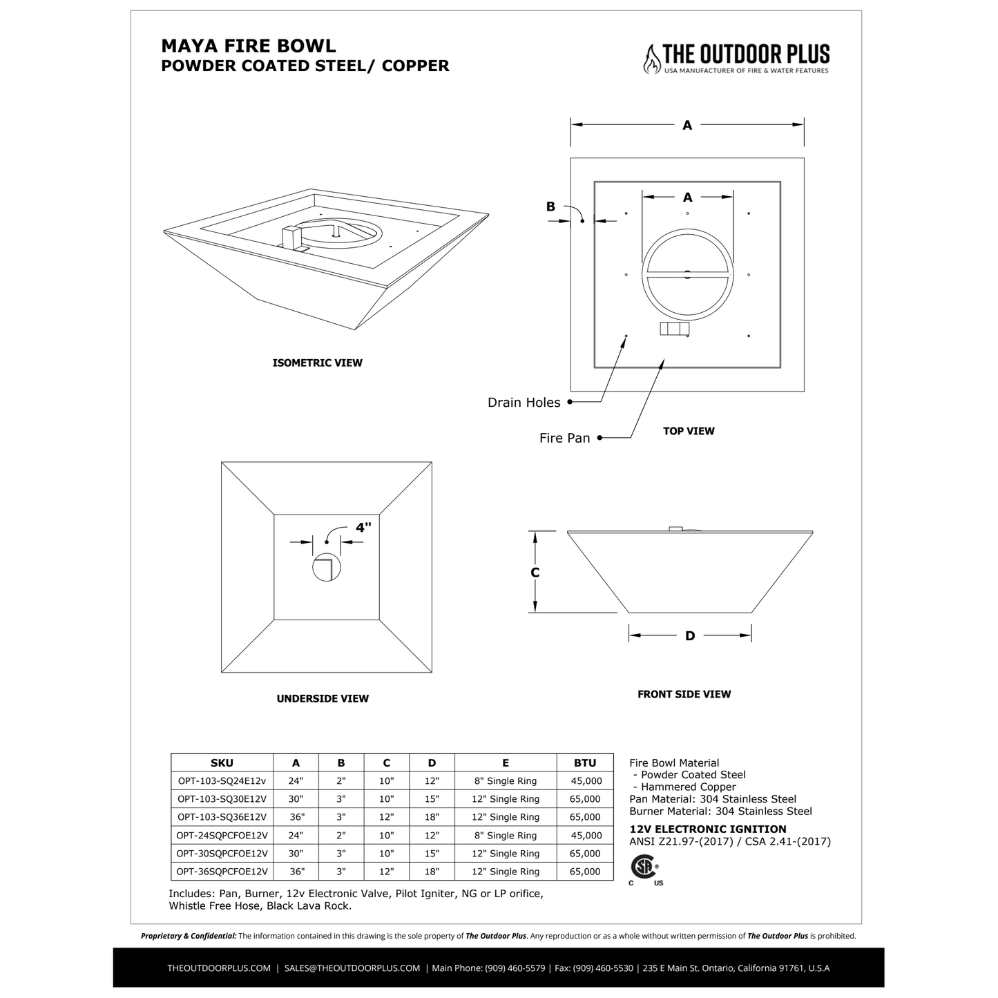 MAYA FIRE BOWL - POWDER COATED METAL - spec sheet