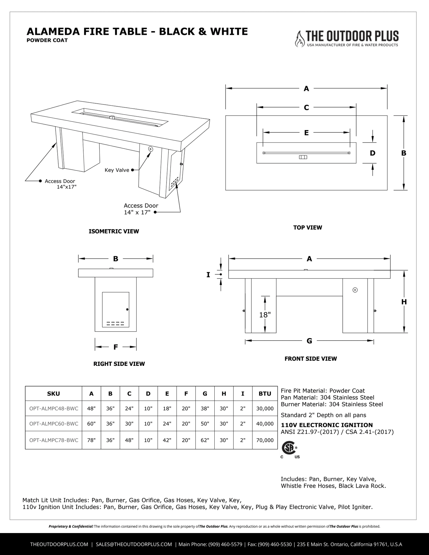 ALAMEDA FIRE TABLE - BLACK AND WHITE COLLECTION - spec sheet