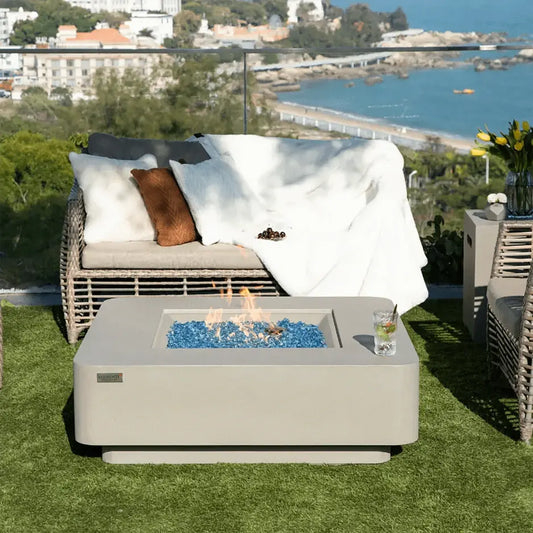 Bergamo & Lucerne Square rounded corner Fire Table - far side view