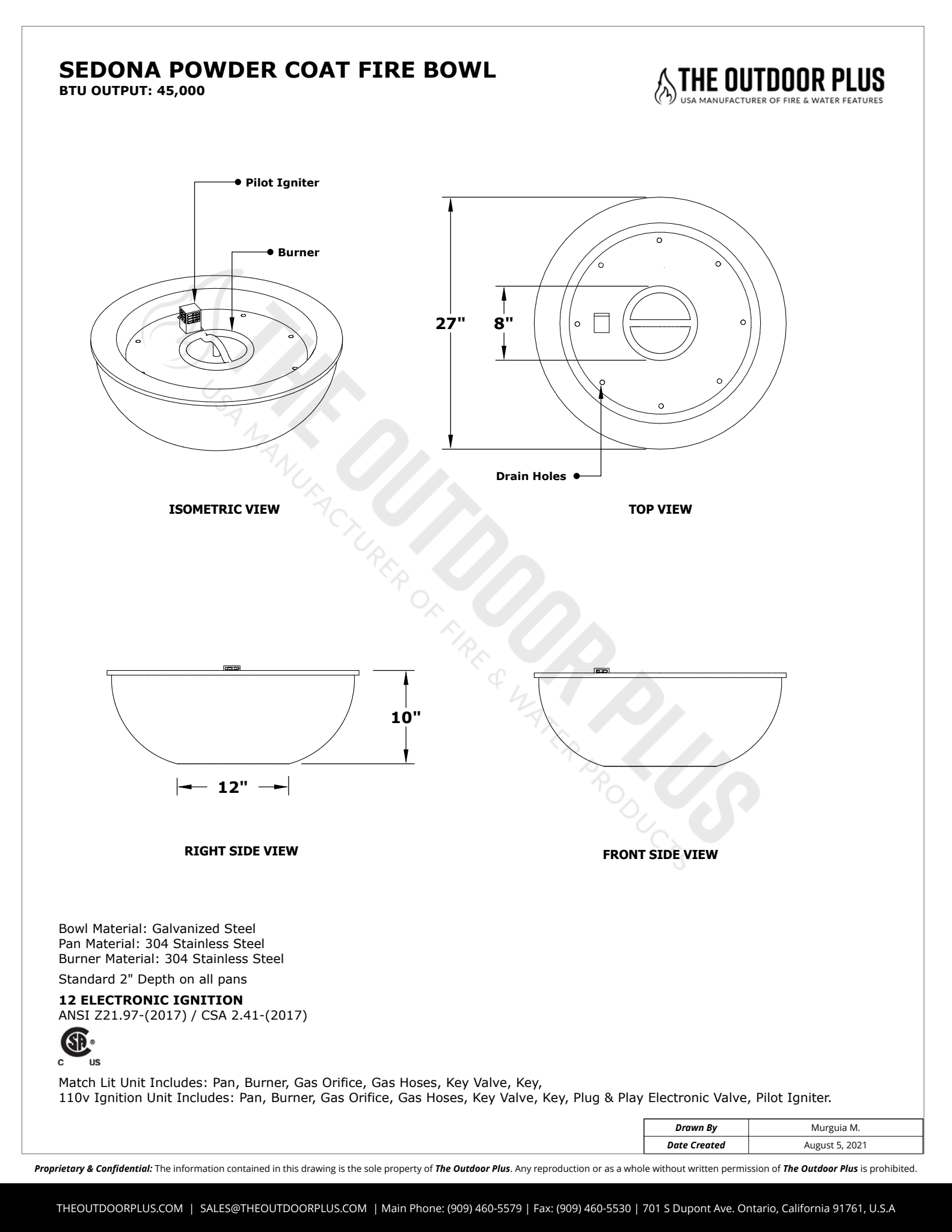 SEDONA FIRE BOWL - POWDER COATED METAL - spec sheet