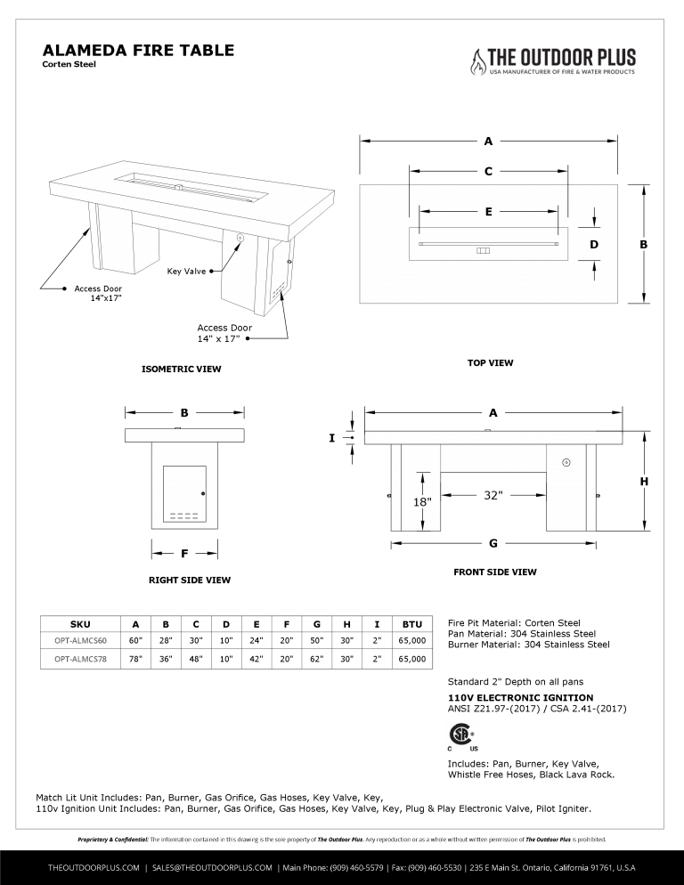 ALAMEDA FIRE TABLE - POWDER COATED METAL - spec sheet