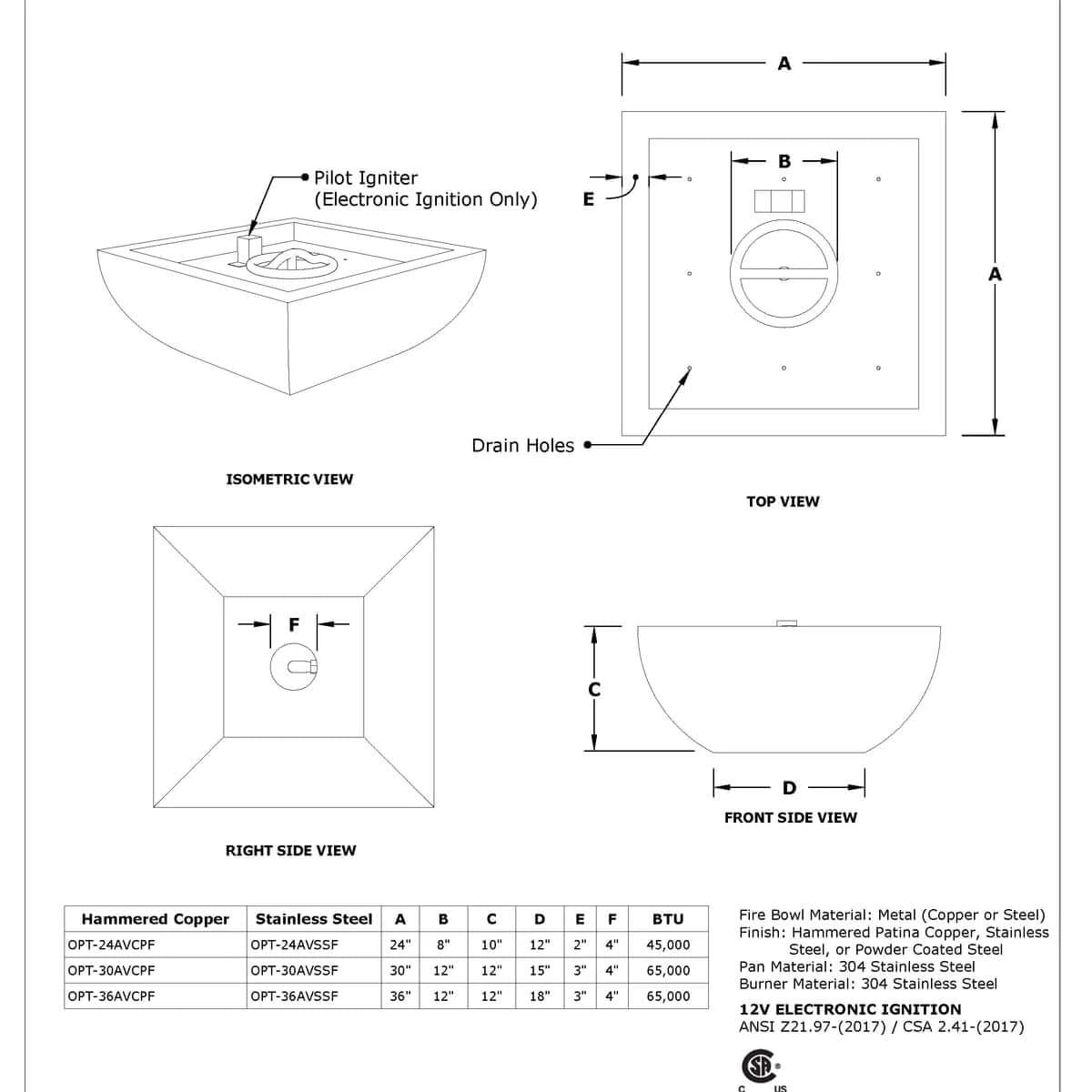 AVALON FIRE BOWL - HAMMERED COPPER/STAINLESS STEEL - spec sheet