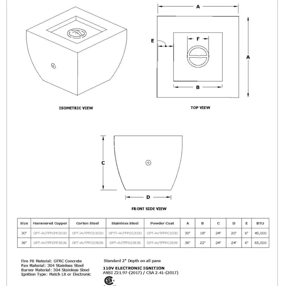 AVALON FIRE PIT - TALL - POWDER COATED METAL - spec sheet