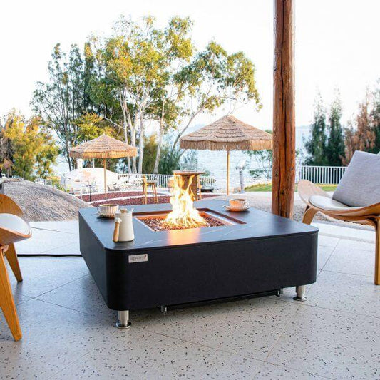 Annecy & Copenhagen Marble Porcelain Fire Table - side view patio