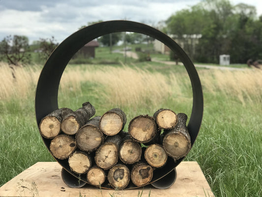 The Orbit- Round Steel Log Rack - side view