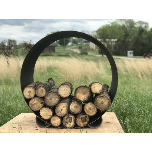 The Orbit- Round Steel Log Rack - side view