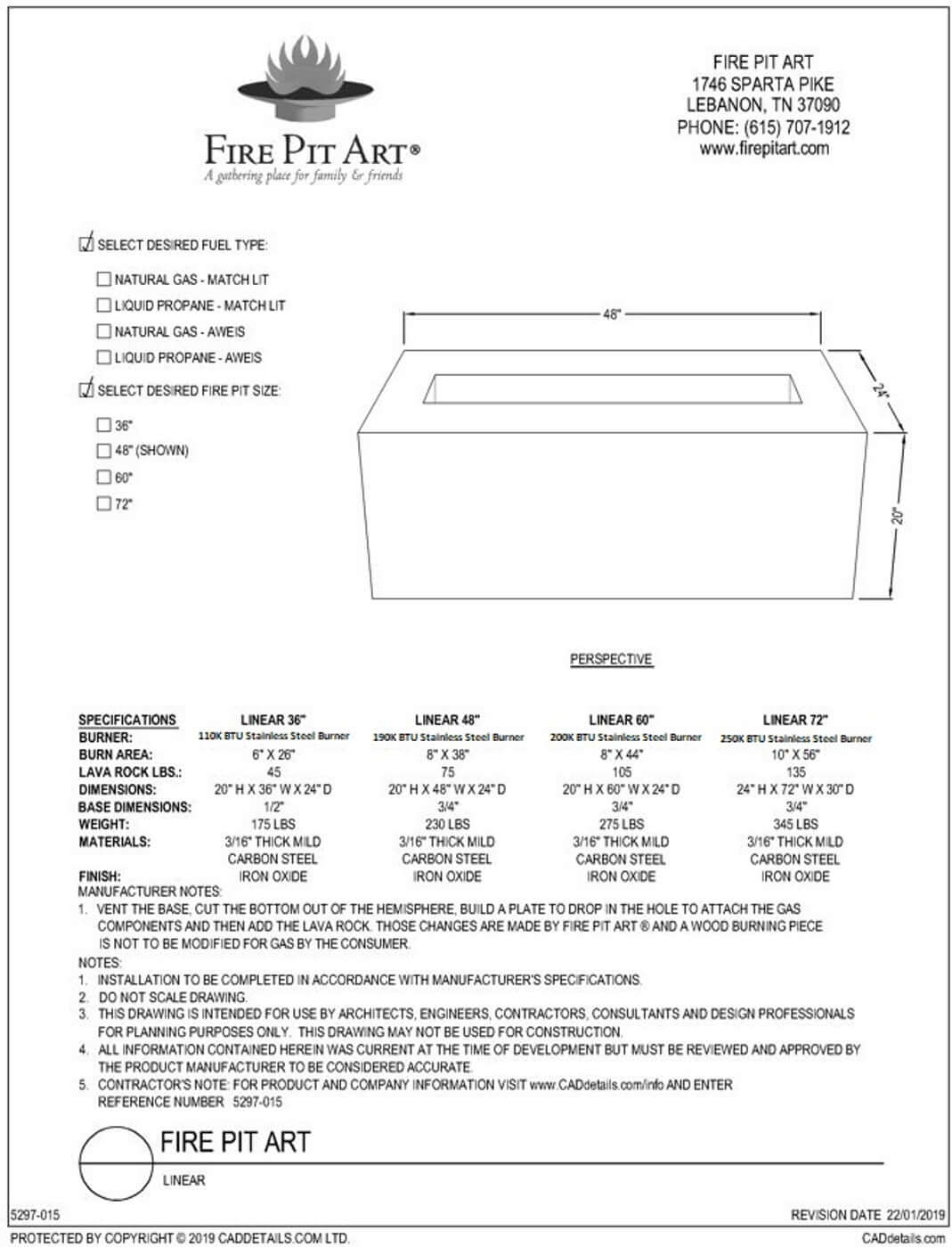 Linear Fire Pit by Fire Pit Art -spec sheet