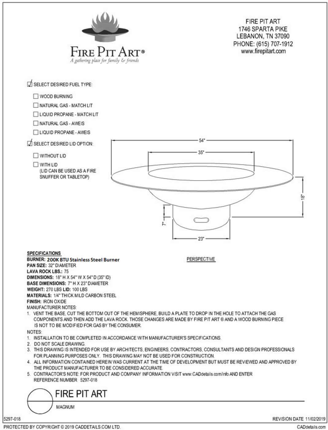 Magnum Fire Pit - spec sheet