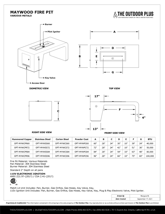 MAYWOOD FIRE TABLE - POWDER COATED METAL - spec sheet