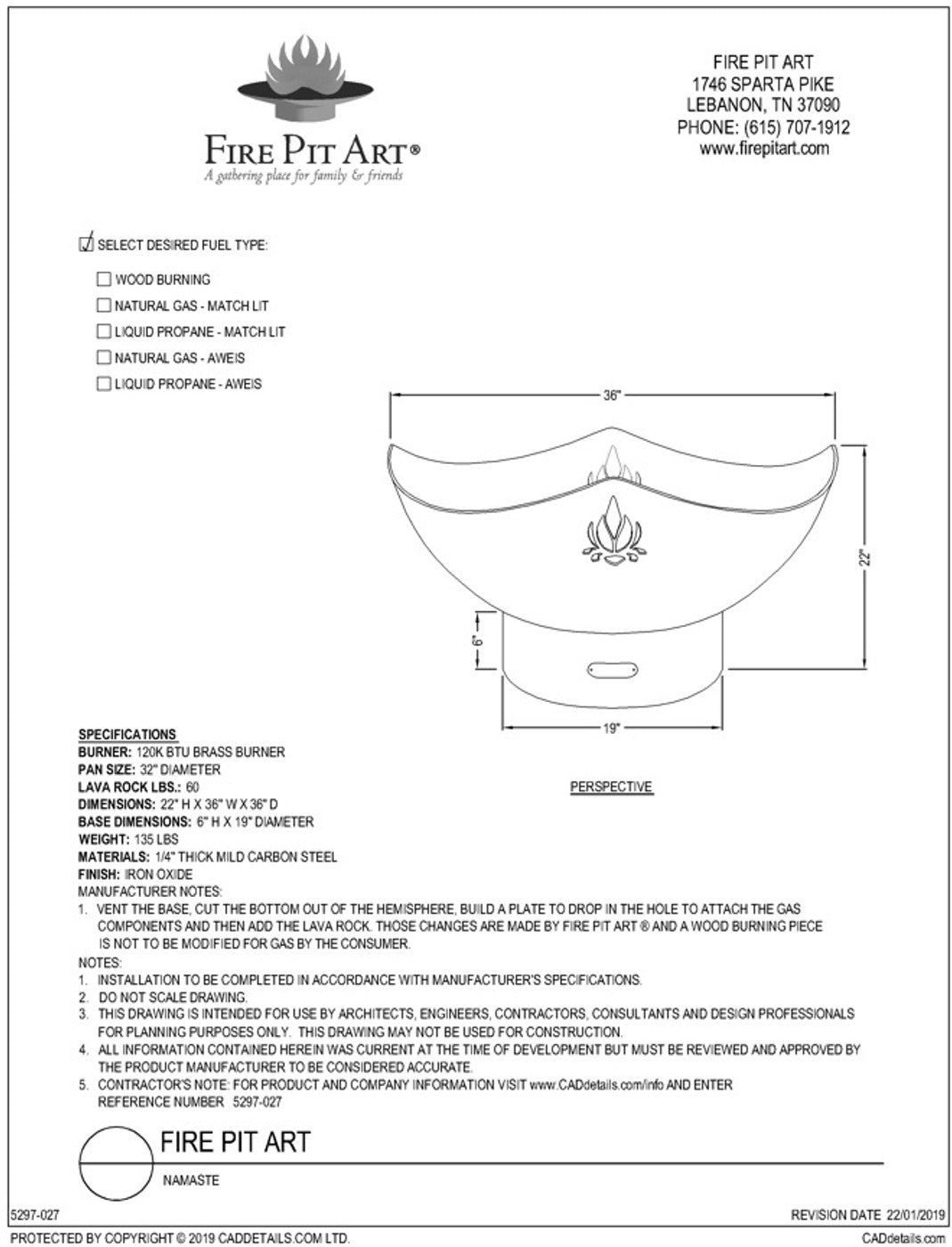 Namaste Fire Pit - spec sheet