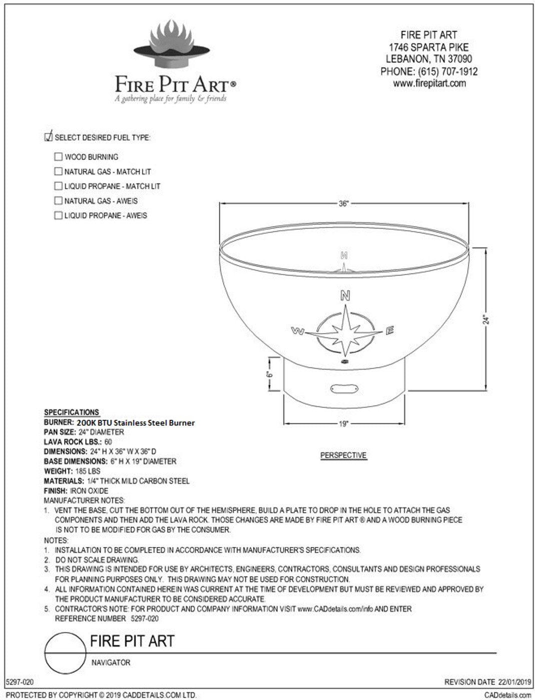 Navigator Fire Pit - spec sheet