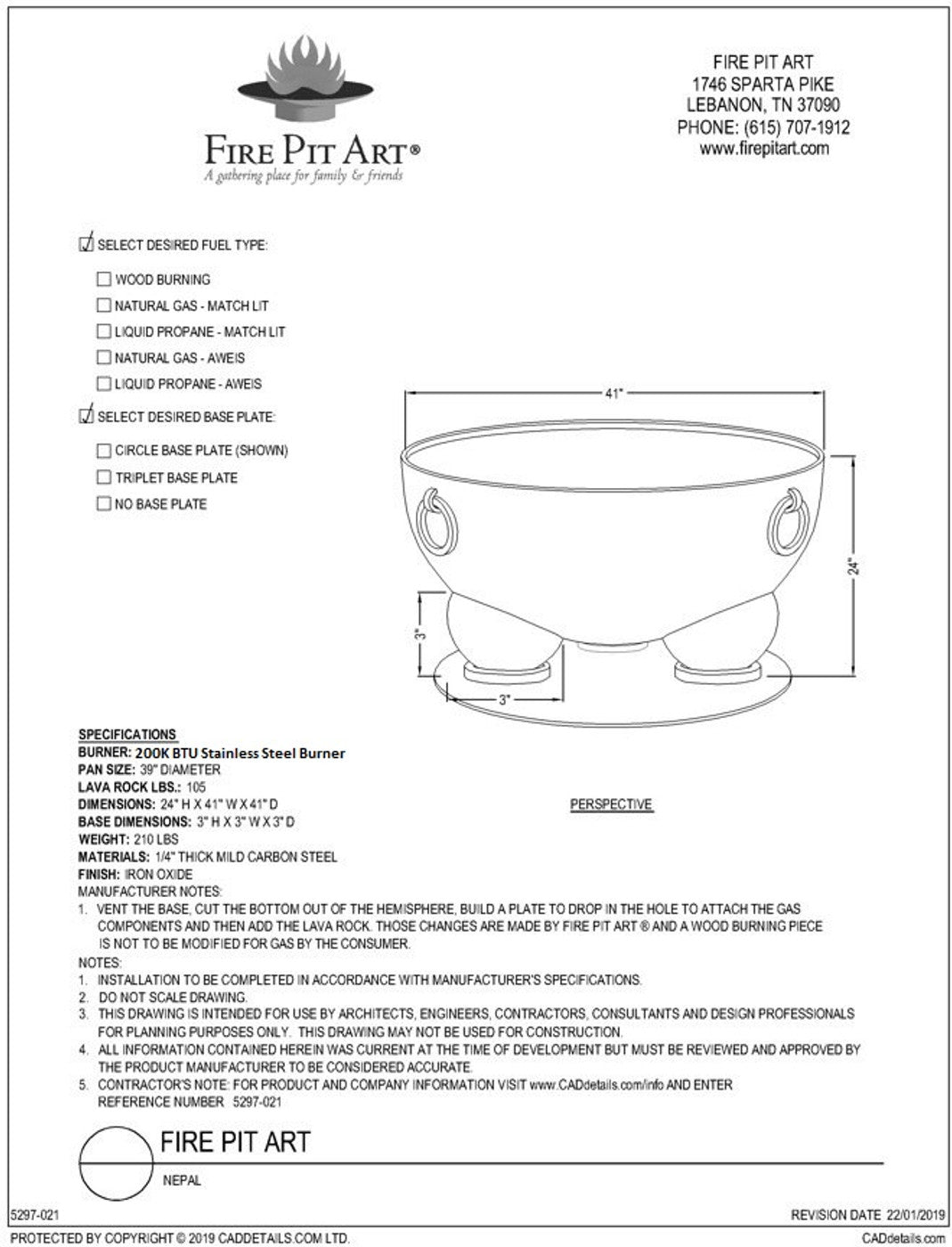 Nepal Fire Pit - spec sheet