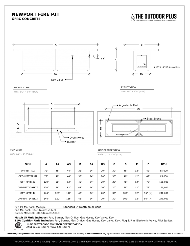 NEWPORT FIRE TABLE - GFRC CONCRETE - spec sheet