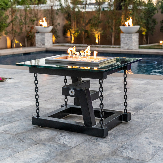 NEWTON FIRE TABLE - FLOATING/CHAIN SUPPORT - POWDER COATED METAL - side view