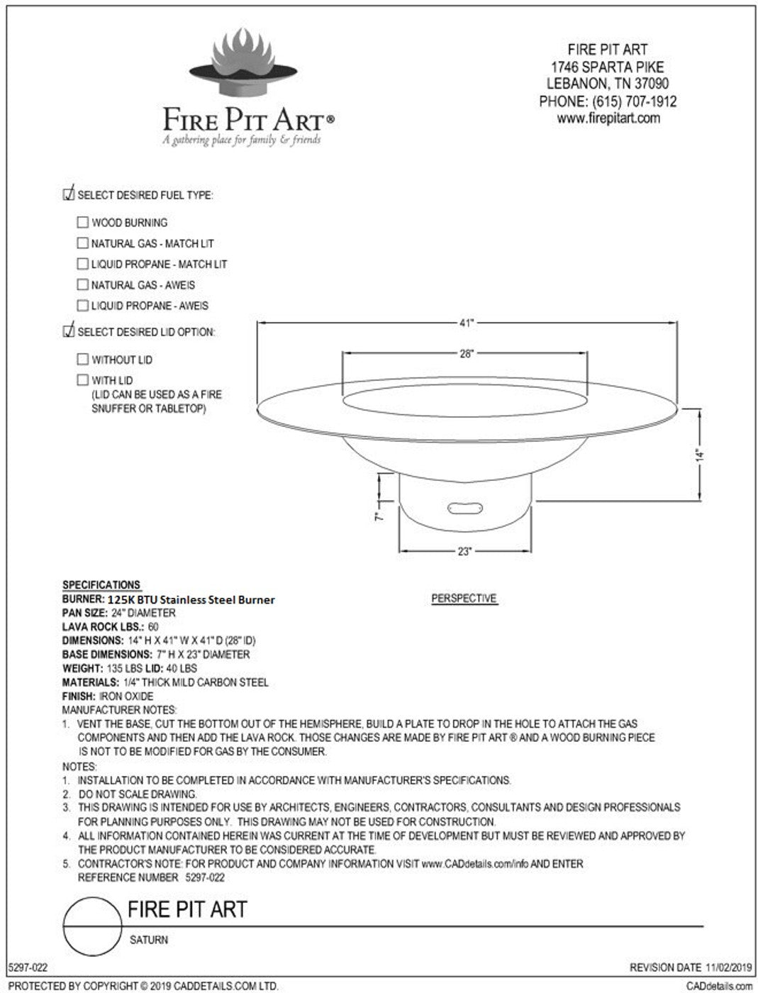 Saturn Fire Pit -spec sheet