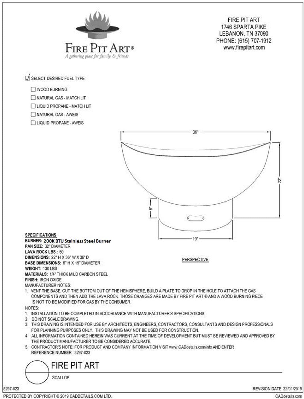 Scallop/Tidal Fire Pit - spec sheet