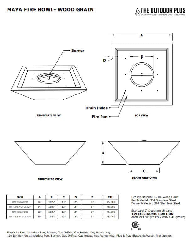 MAYA FIRE BOWL - WOODGRAIN - spec sheet