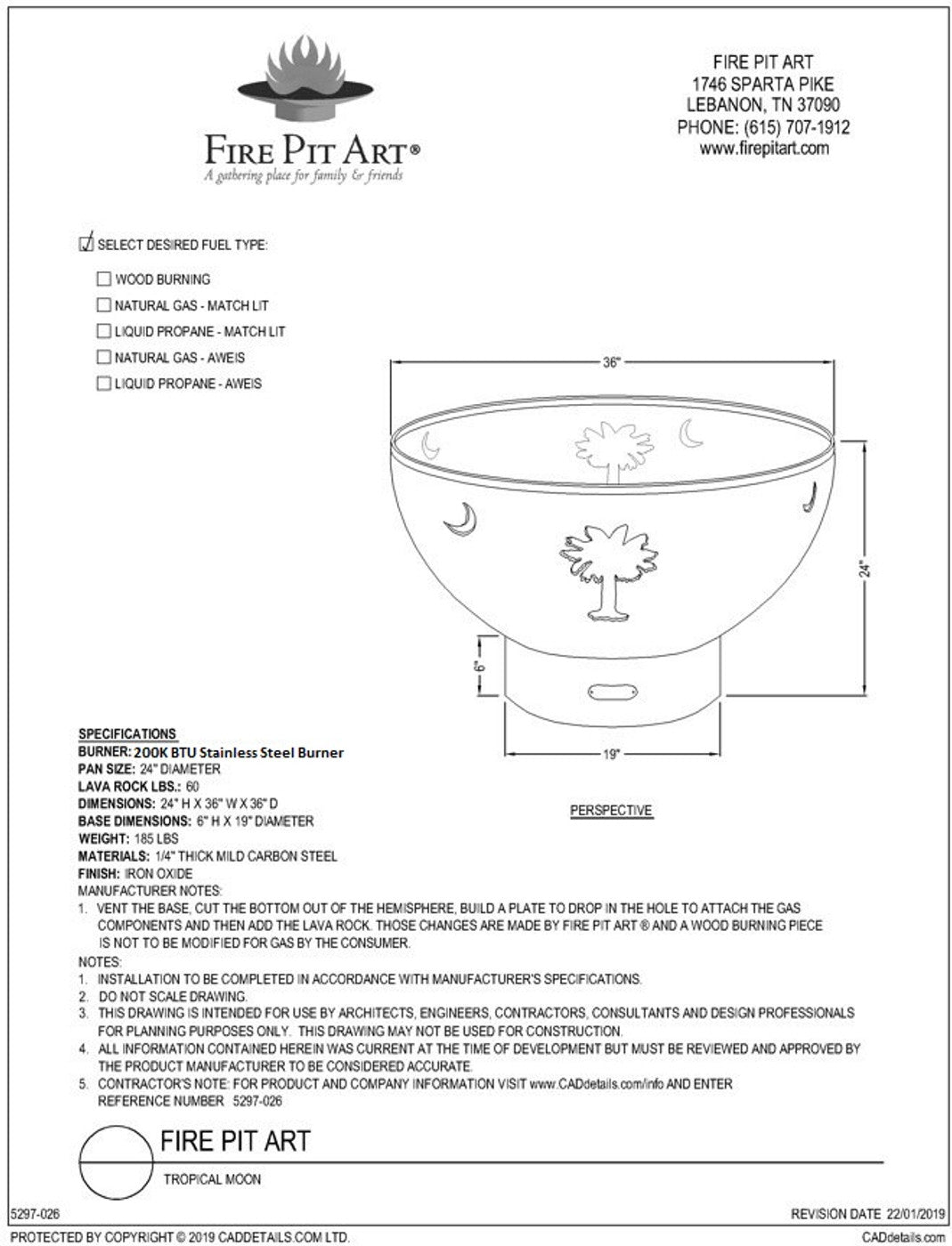 Tropical Moon Fire Pit - spec sheet