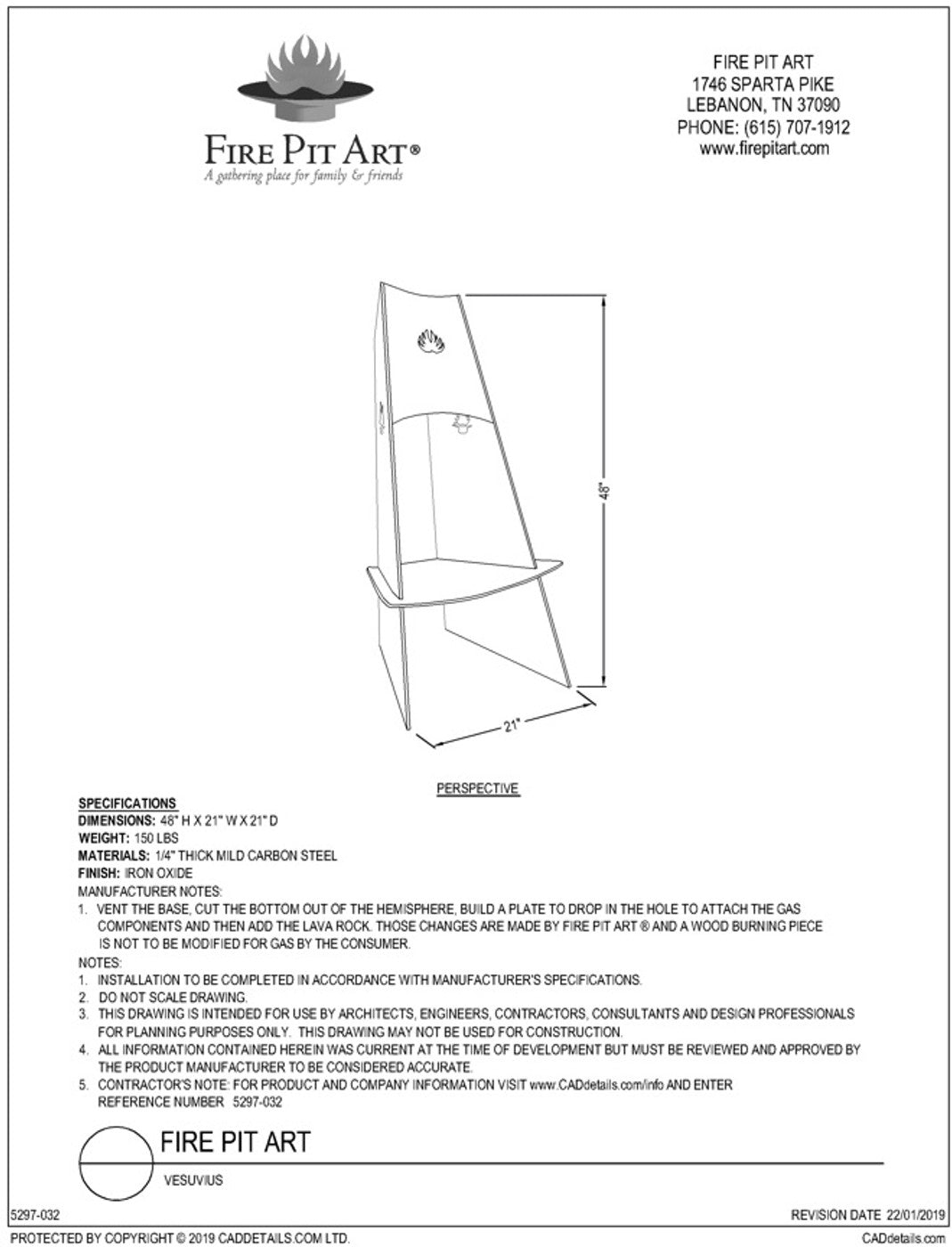 Vesuvius Fire Pit - spec sheet