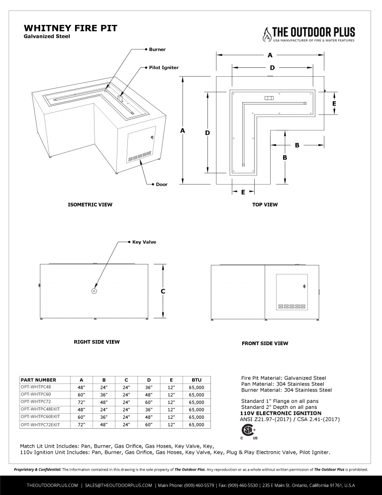 WHITNEY FIRE TABLE - L SHAPED - POWDER COATED METAL - spec sheet