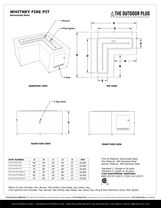 WHITNEY FIRE TABLE - L SHAPED - POWDER COATED METAL - spec sheet