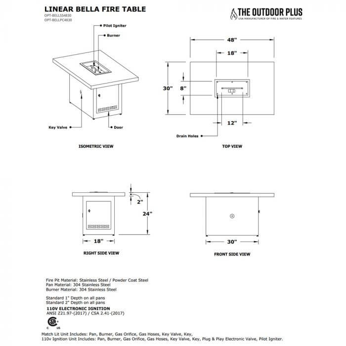 BELLA FIRE TABLE - LINEAR - POWDER COATED METAL - spec sheet