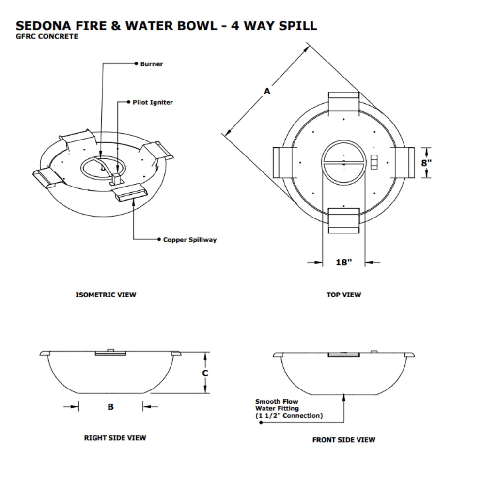 SEDONA FIRE & WATER BOWL - 4 WAY SPILL - GFRC CONCRETE - spec sheet