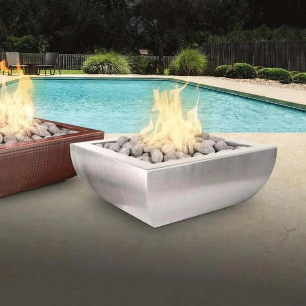 AVALON FIRE BOWL - HAMMERED COPPER/STAINLESS STEEL - side view poolside